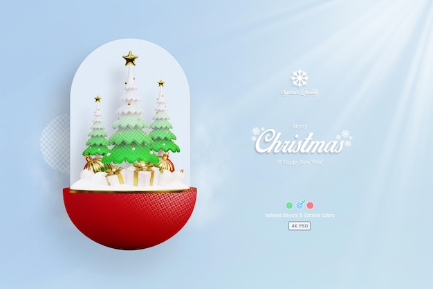 Merry Christmas and new year 3d background template with white pine trees gifts and bauble balls