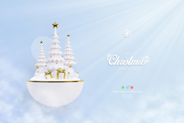 Merry Christmas and new year 3d background template with white pine trees gifts and bauble balls