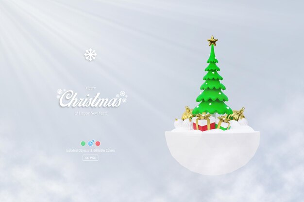 Merry Christmas and new year 3d background template with white pine trees gifts and bauble balls