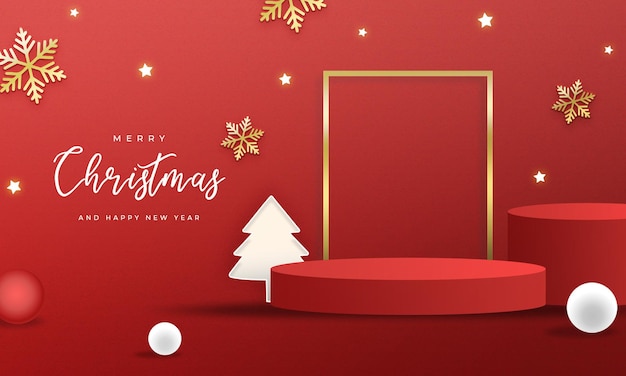 Merry Christmas and new year banner with product podium