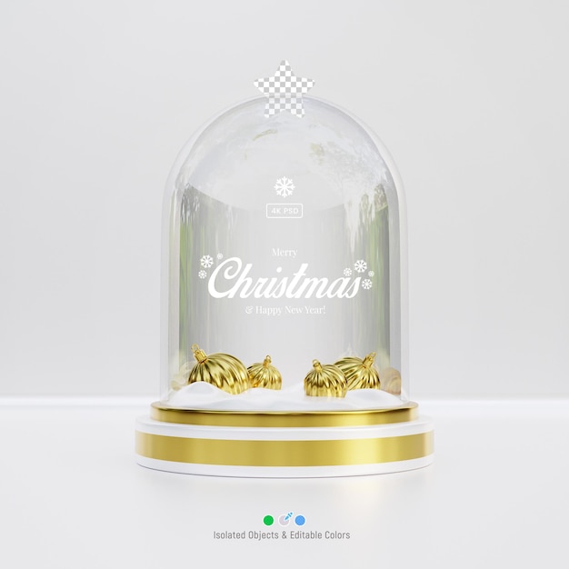 Merry Christmas and new year composition with glass dome and golden 3d bauble balls isolated