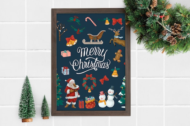 PSD merry christmas poster in a frame mockup