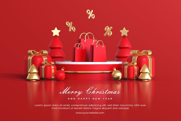 Merry christmas sale banner template with 3d christmas ornaments