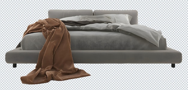 Messy modern gray brown bedding set and blanket, bed, front view