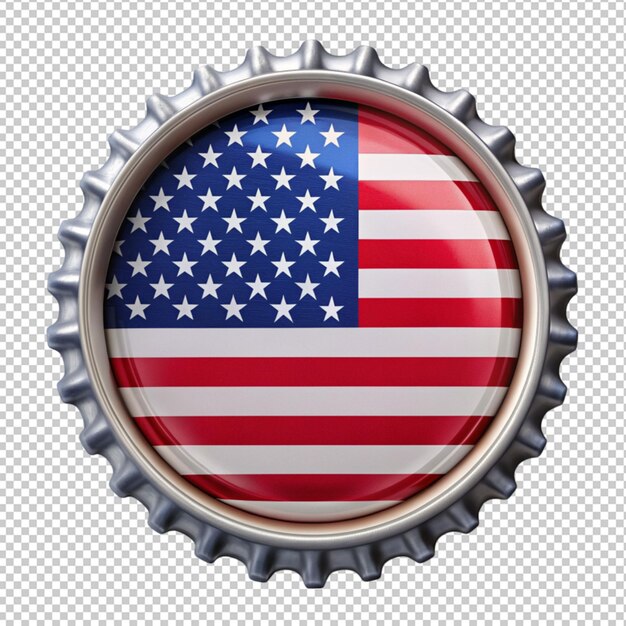 PSD metal bottle cap with usa flag isolated on transparent background