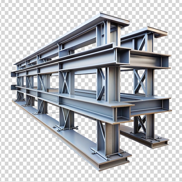 A metal building with blue beams and supports on transparent background