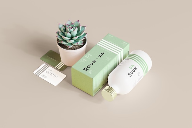 Metal Cap Cosmetic Bottle with Box Mockup Scene