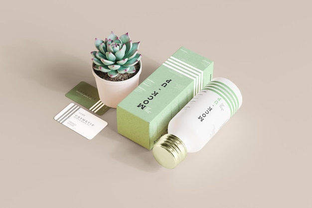 Metal Cap Cosmetic Bottle with Box Mockup Scene