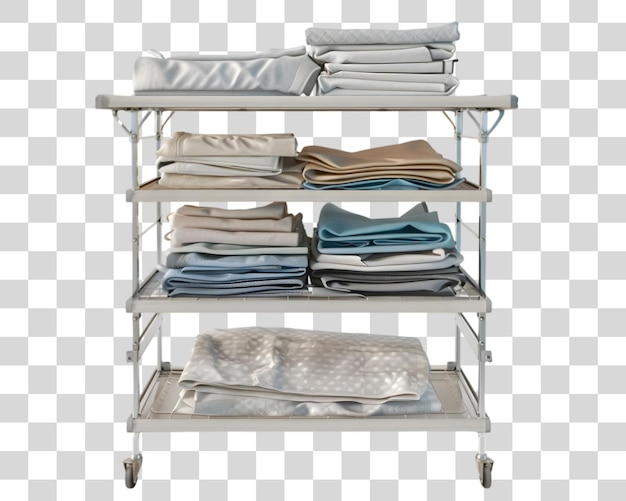 PSD a metal cart with neatly folded towels on foldable table on a transparent background