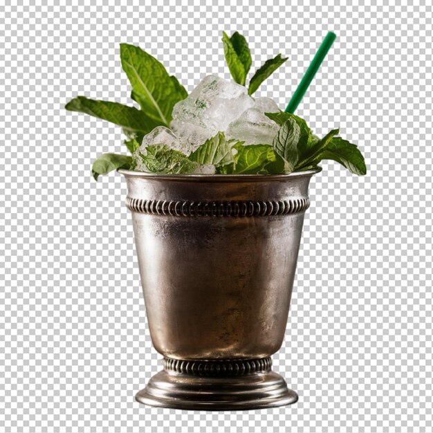 a metal container with a green plant in it and a straw in it