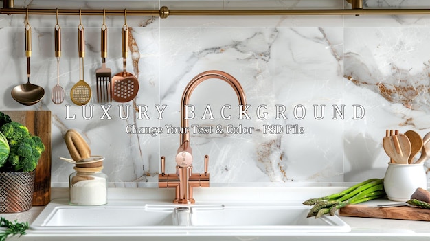 PSD metal copper water faucet over white ceramic sink