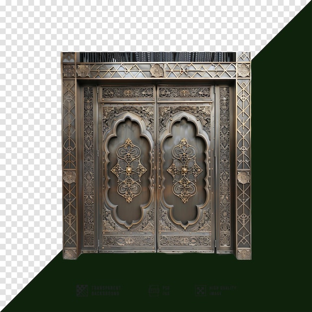 the metal entrance door is inlaid with Arabic motifs