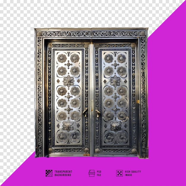 the metal entrance door is inlaid with Arabic motifs