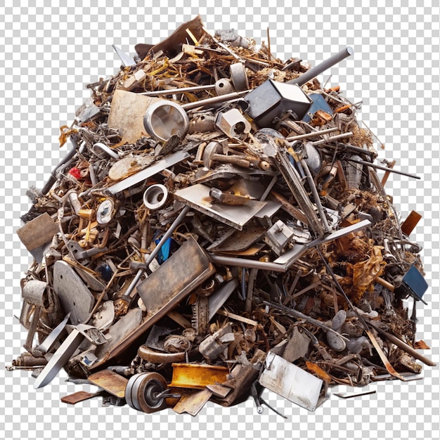 PSD metal heap at recycling junk close up isolated on transparent background