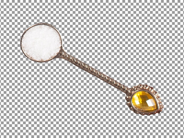 Metal spoon with salt and crystal isolated on transparent background