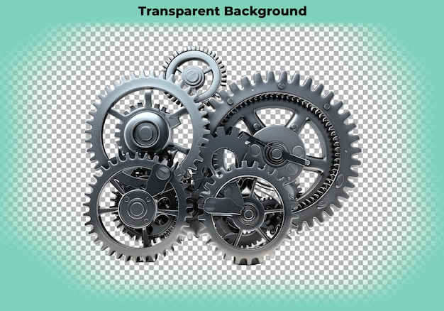 Metallic gears and COG wheels working together isolated on transparent background