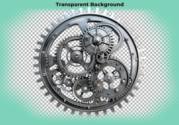 Metallic gears and COG wheels working together isolated on transparent background