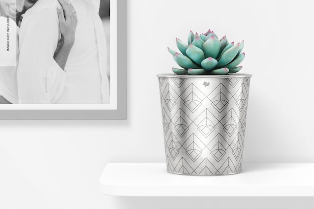 PSD metallic plant pot with frame mockup