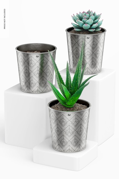 PSD metallic plant pots set mockup