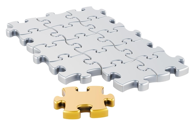 PSD metallic puzzles with one golden puzzle 3d rendering isolated on transparent background