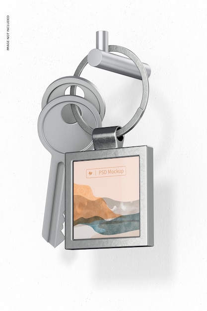 Metallic Square Keychain Mockup, Hanging on Wall