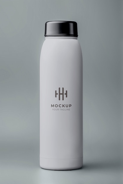 PSD metallic thermos mockup indoors