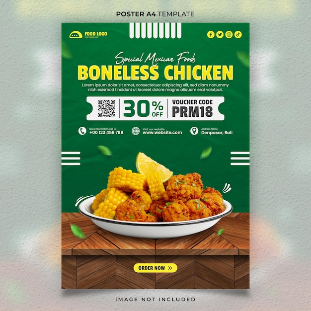 Mexican Boneless Chicken Food Menu Poster or Banner Template Design