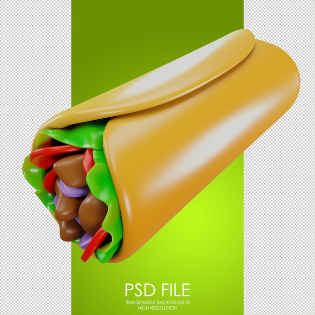 Mexican burrito with meat and salad side view Lavash with meat and onion Latin American food Burrito icon Landing page design icon 3D render illustration