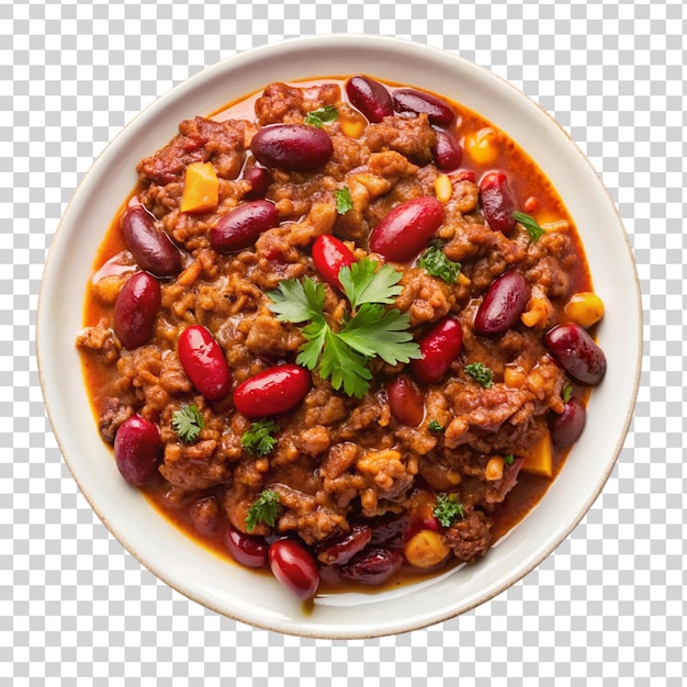 PSD mexican dish chili con carne with minced meat and red beans isolated on transparent