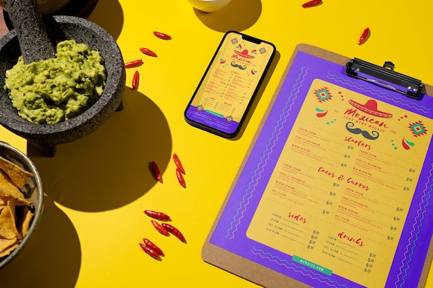 PSD mexican food restaurant menu mock-up with smartphone