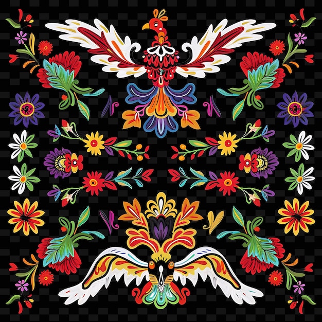 Mexican Otomi Borderlines With Embroidered Animal and Floral PNG Unique Stylized Motifs Designs