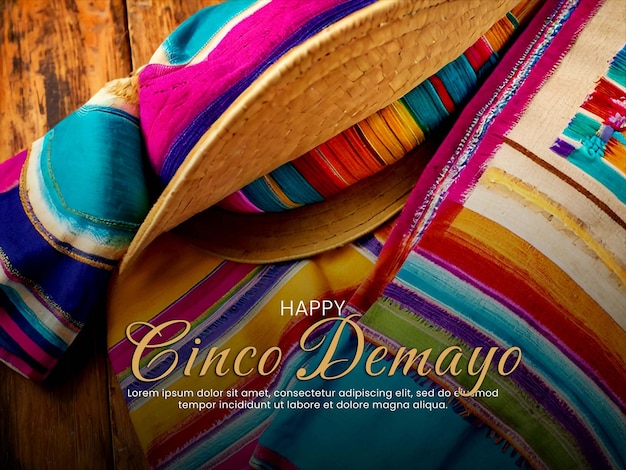 mexican poster with a background of straw hat sombrero maracas and traditional serape carpet or blan