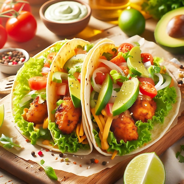 Mexican tacos with meat and vegetables splashing on white background AI generative