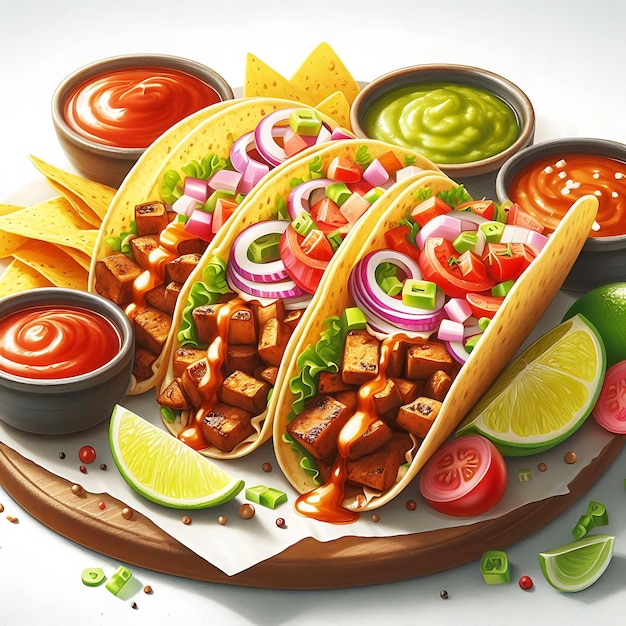 Mexican tacos with meat and vegetables splashing on white background AI generative