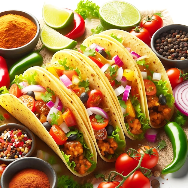 Mexican tacos with meat and vegetables splashing on white background AI generative