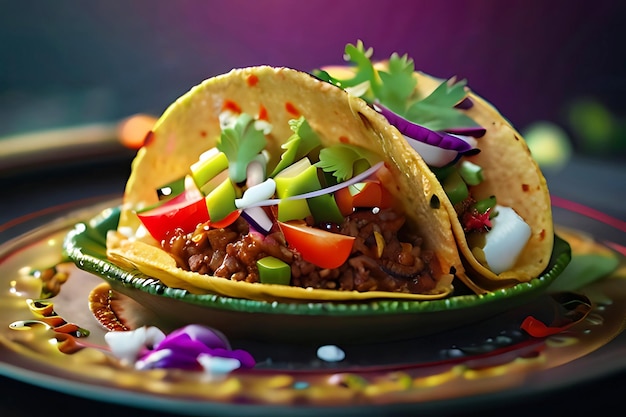 Mexican tacos with meat and vegetables splashing on white background AI generative