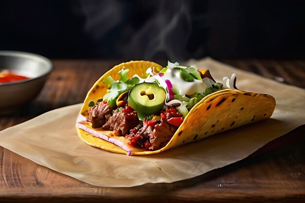 Mexican tacos with meat and vegetables splashing on white background AI generative