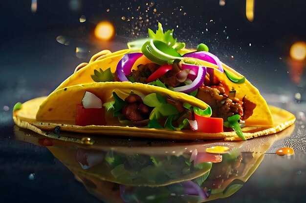 Mexican tacos with meat and vegetables splashing on white background AI generative