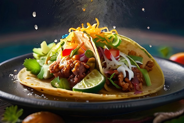 Mexican tacos with meat and vegetables splashing on white background AI generative