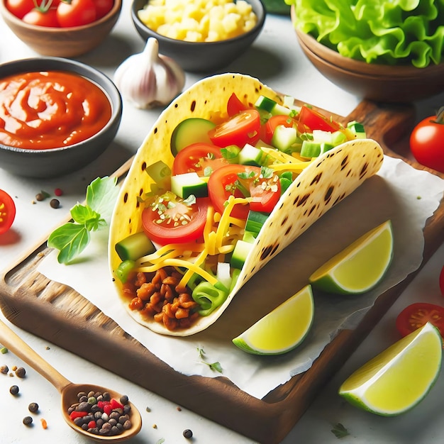 Mexican tacos with meat and vegetables splashing on white background AI generative