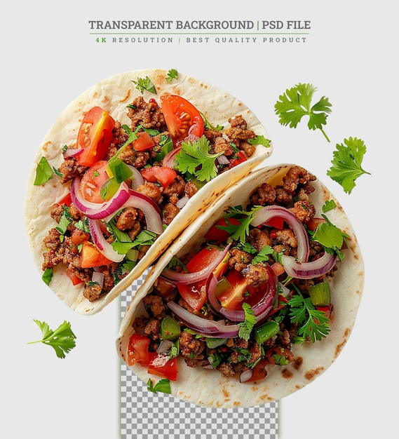 Mexican tacos with vegetables on white backgrounds