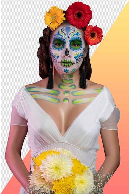 PSD mexican woman with catrina makeup and a bouquet of flowers in her hands no background