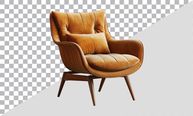 PSD midcentury modern orange upholstered armchair on transparent background