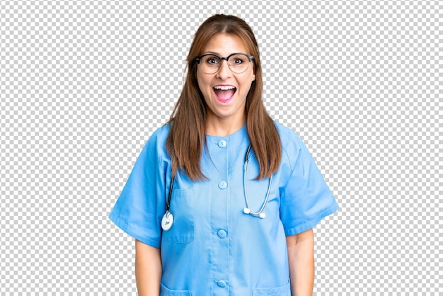 Middle age nurse woman over isolated background with surprise facial expression