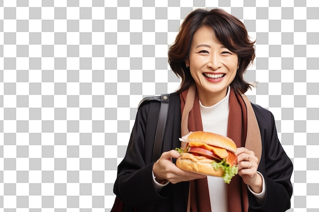 Middle aged Chinese woman holding a burger on isolated chroma key background