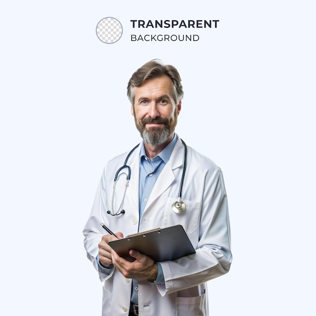 PSD a middle aged doctor holding a clipboard isolated on transparent background isolated on transparent