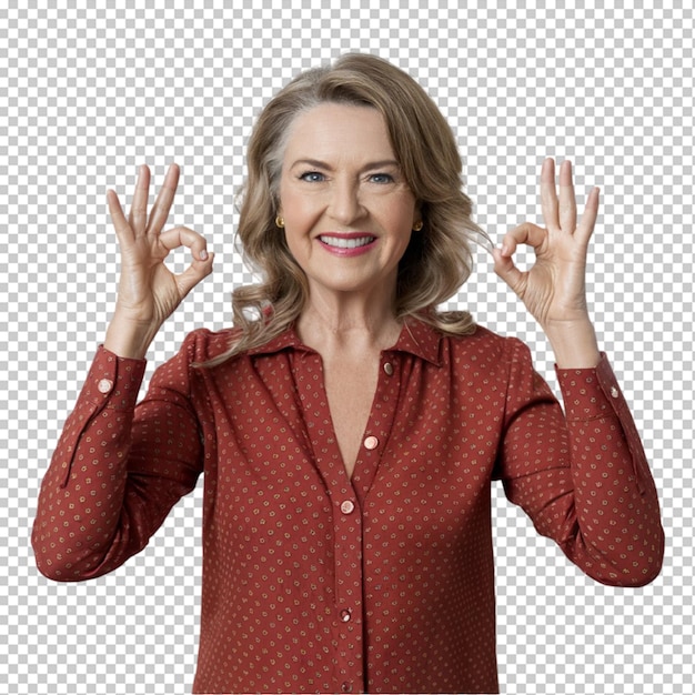 PSD middle aged woman cheerful and confident making ok gesture isolated on transparent background