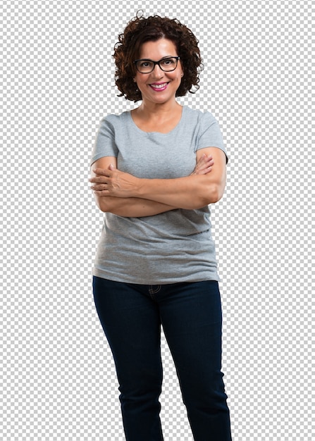 PSD middle aged woman crossing his arms, smiling and happy, being confident and friendly