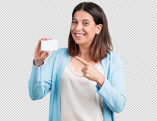 Middle aged woman smiling confident, offering a business card, has a thriving business, copy space to write whatever you want