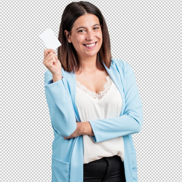 Middle aged woman smiling confident, offering a business card, has a thriving business, copy space to write whatever you want